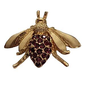 Vintage Gold Tone Red Rhinestone Fly Bug Insect Brooch Pin E911